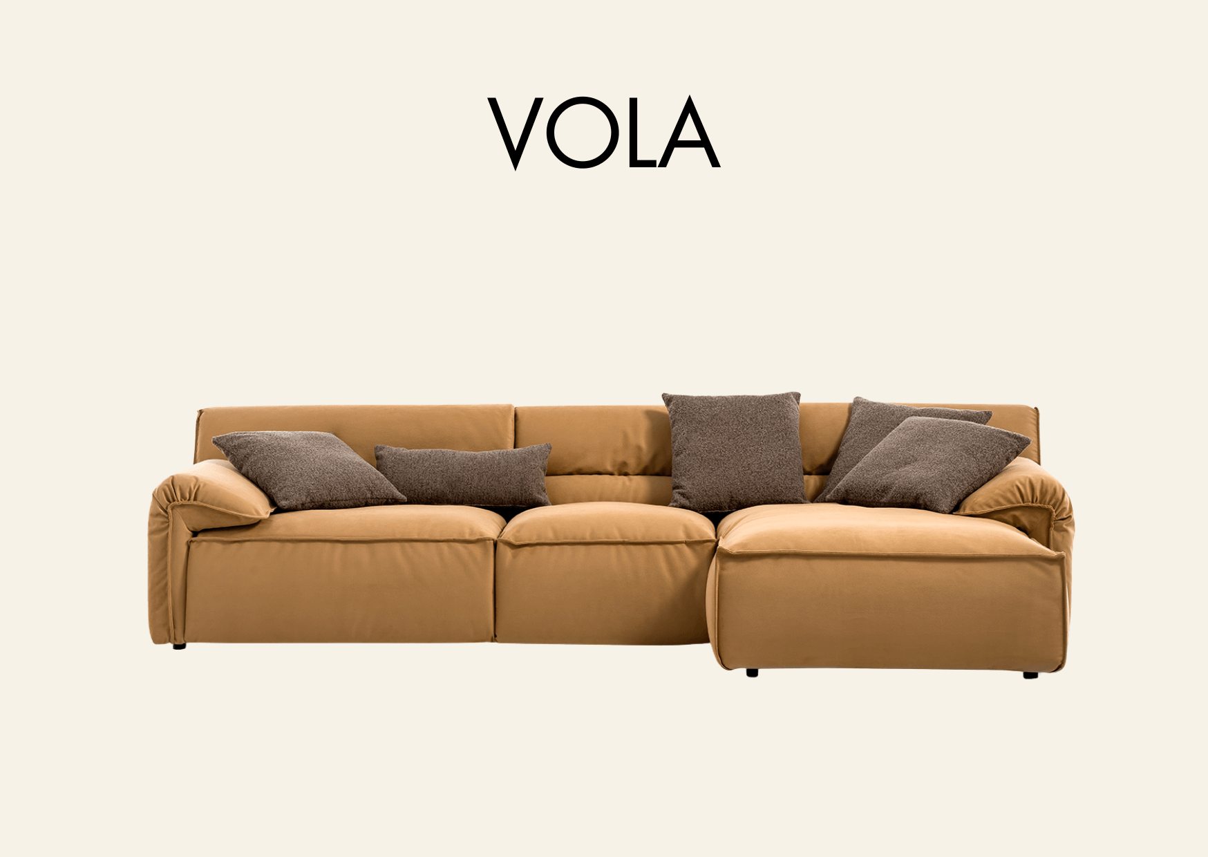 Ledercouch in hellbraun mit braunen Kissen